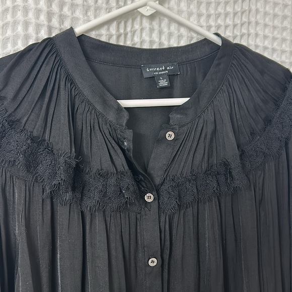 Current Air Black Button Up Lace Detail Long Sleeve Silky Top Blouse Large - Picture 2 of 7